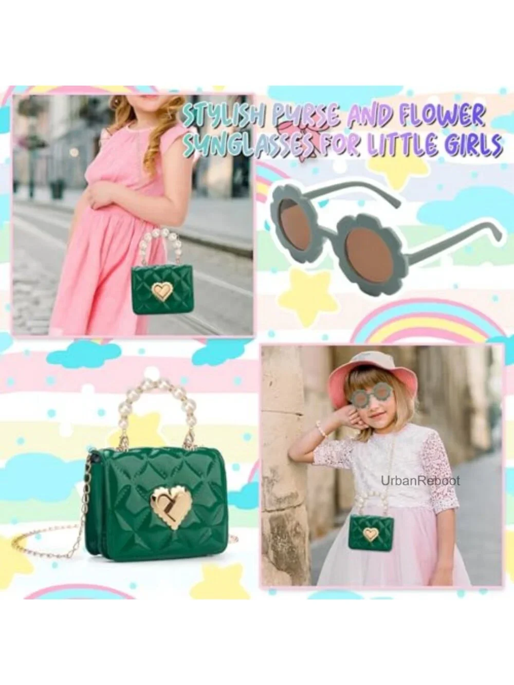 Toddler Girls Heart Lock Purse Beaded Handle Faux Leather with Glasses
